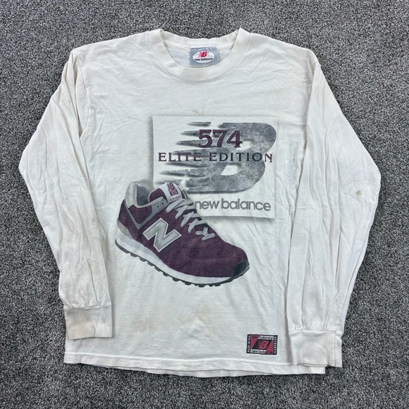Vintage New Balance 574 Shirt Mens Medium White Elite Edition Long Sleeve Promo - Picture 1 of 5